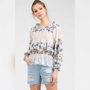 SALE POL White + Blue Flowers & Lace High Neck Top